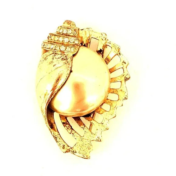 Marslieu Sterling Silver Gold Nautilus Shell Pearl Brooch Earring Set Signed VTG
